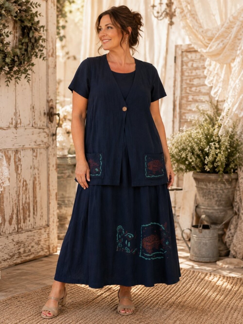 Jeffrey & Dara 2 Pc Navy Dress Vest Set XL Coastal Fish Art Lagenlook Boho